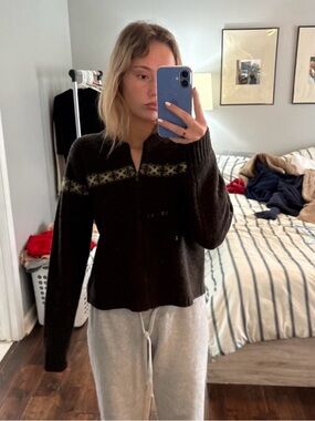 vintage Abercrombie & Fitch Black Zip-Front V-Neck Sweater with Olive Fair Isle